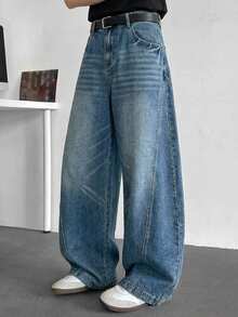 DAZY Spring/Autumn Blue Washed Distressed Curved Leg Wide Leg Men's Jeans - Blue - View 1