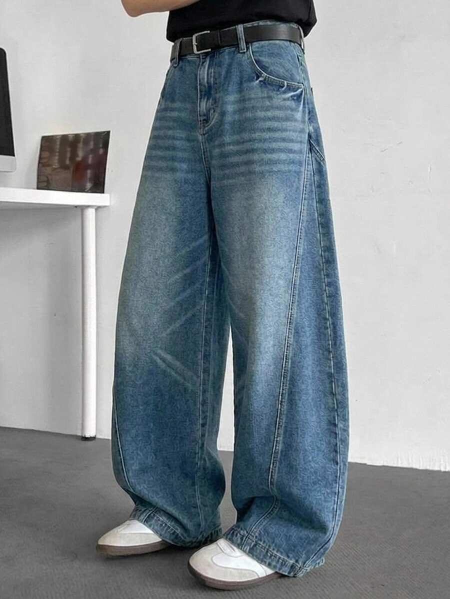 DAZY Spring/Autumn Blue Washed Distressed Curved Leg Wide Leg Men's Jeans - Blue - View 1