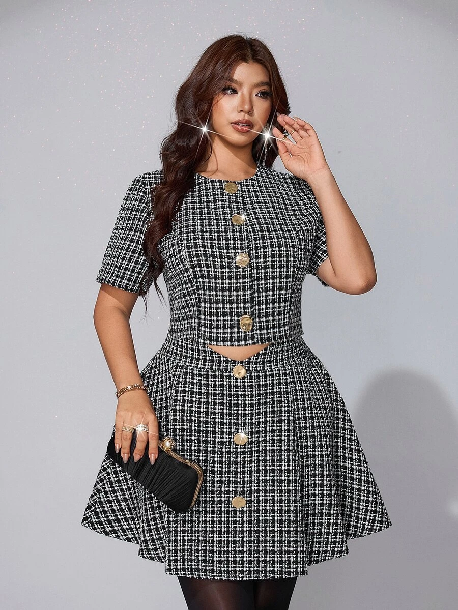 Viva Relle Plus Size Women's Plaid Short Sleeve Top And Skirt Fashion Set - Black and White - View 1