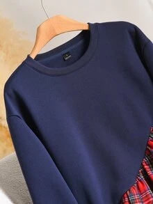 CosyJoli Women's Patchwork Plaid Ruffle Hem Long Sleeve Crew Neck Sweatshirt - Navy Blue - View 3