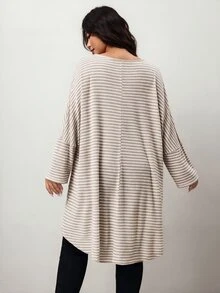 Enliva Plus Size Striped Long Sleeve Tunic Tee With Side Slit Apple - Khaki - View 2
