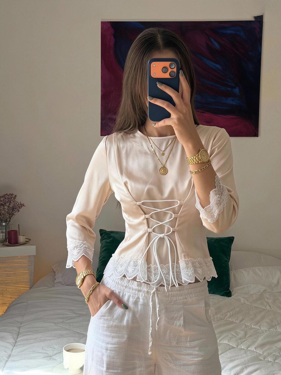 Serisse Kemeja Wanita Satin Berhiaskan Renda, Kancing Depan, Leher Bulat, Ikat Pinggang, Potongan Ramping, Cocok Untuk Kerja, Kantor, Kencan, Dan Acara Lainnya. - Aprikot - View 1