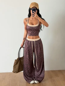 Coolane Women's Leopard Print Halter Neck Tie Tank Top And Drawstring Waist Long Pants 2 Pieces Set - Multicolor - View 5