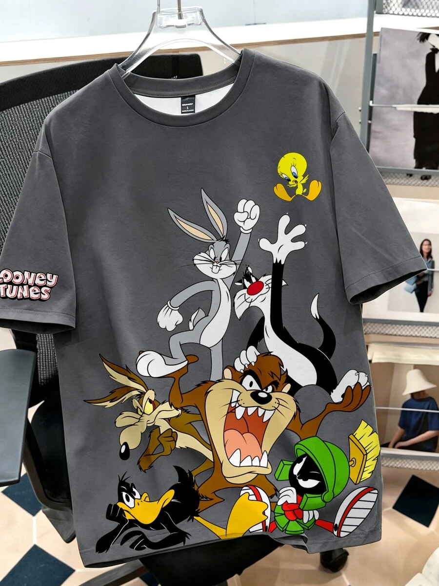 LOONEY TUNES X SHEIN Daypath 男士卡通印花休閒日常短袖T恤 - 灰色 - 查看 1