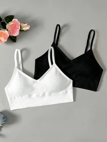 SHEIN 青少年女孩 2件組無縫加墊運動內衣內搭背心套裝，2件白色 - 黑與白 - 查看 6