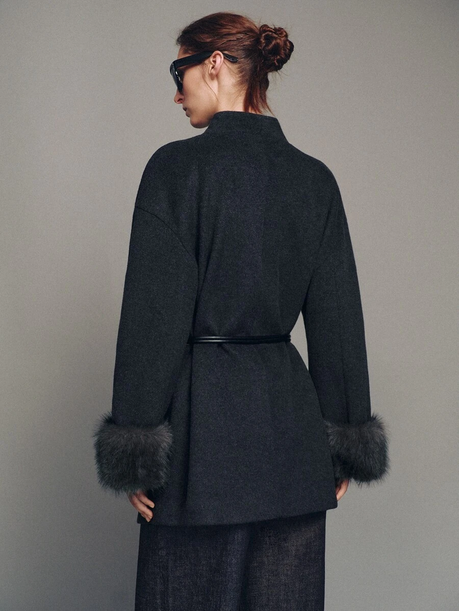 MOTF PREMIUM LAPEL WOOL BELTED MID-LENGTH COAT - Dark Grey - View 2