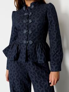 Nöista Navy Blue Geometric Jacquard Chinese Top, Slim Fit, Ruffled , Elegant, Parties Banquets.Fall/Winter,Going Out,Chic.Classic,Casual - Navy Blue - View 3