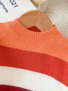 SHEIN LMoss Kids 女嬰圓領套頭毛衣，粉色條紋，柔軟舒適，適合秋冬穿著 - 紅色 - 查看 3