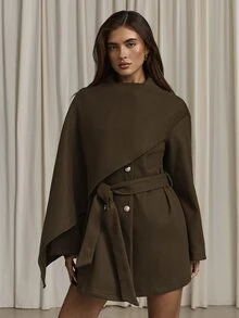 Aloruh Women's Elegant Business Commute Coffee Wool Cape Coat, Scarf Collar Long Sleeve Jacket, Brown Solid Color - Coffee Brown - View 6