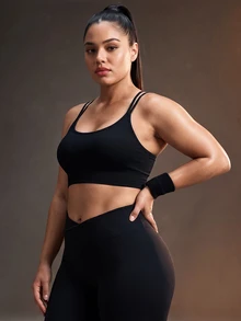 Powerista حمالة صدر رياضية نسائية مقاس كبير باللون الأسود بدون درزات مع أحزمة متقاطعة - الأسود - مشاهدة 2