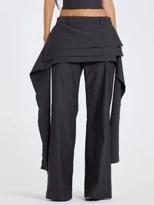 MUSERA Grey Ruffle Detail High Waist Trouser Pants Fall Winter Women Outfit Casual - Dark Grey - View 3
