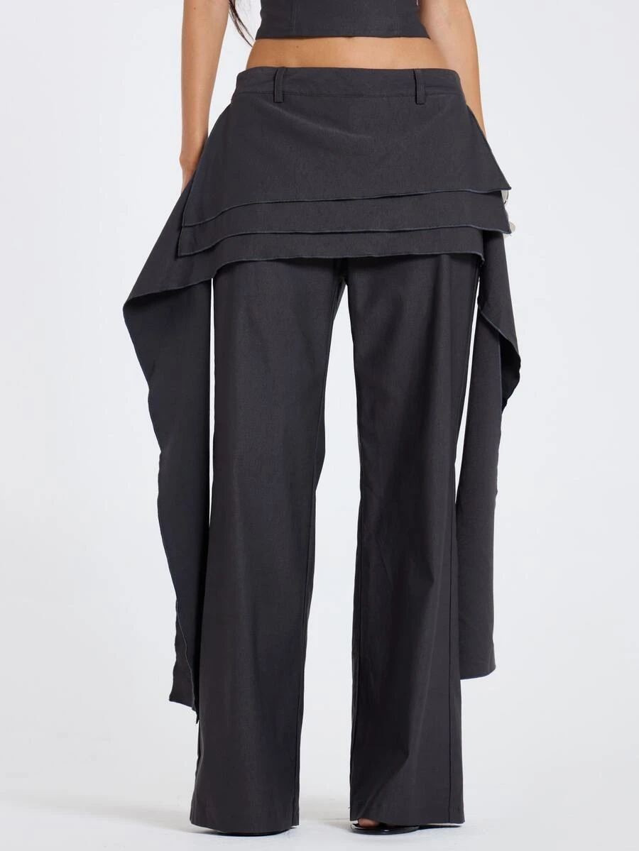 MUSERA Grey Ruffle Detail High Waist Trouser Pants Fall Winter Women Outfit Casual Cute Elegant Cool Going Out Halloween Sexy Festival Everyday Coolgirl - Dark Grey - View 1