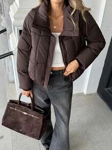 Pariaura Fashionable Elegant Slimming Detachable Large Fur Collar Padded Coat With Zipper Front And Side Pockets Loose Fit - Brown - View 3