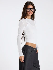 MUSERA White Overlayer Detail Long Sleeve Top Fall Winter Women Outfit Casual - White - View 2