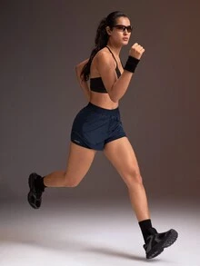Powerista Women's Elastic Waist Double Layer Daily Fitness Sports Shorts - Navy Blue - View 7