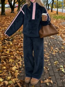 Livesso Women's Dropped Shoulder Long Sleeve Zipper Half-Placket Top And Pants Pajama Set - Navy Blue - View 12
