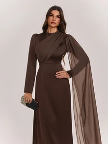 SHEIN Tall Elegant Long Brown Dress With Flowing Ribbons For Tall Muslim Women – Perfect For Parties. - Coffee Brown - View 5