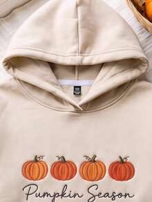 SHEIN EZwear 女款字母南瓜刺繡圖案休閒日常長袖連帽衛衣，簡約印花圖案，杏色，寬鬆版型，加厚 - 杏色 - 查看 5