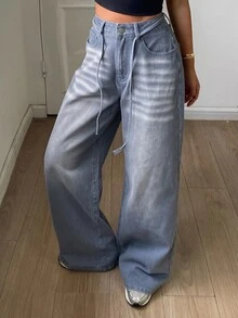 DAZY Women's Distressed Washed Faded Belted Loose Wide Leg Jeans, Casual Streetwear Everyday Autumn/Winter - Blue - View 2