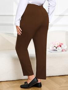 Plus Size Women Solid Color Casual Daily Wear Long Pants - Brown - View 2