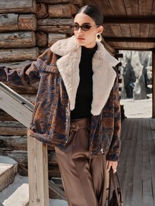 Anewsta Women's New Fashion High-End Sweet Cool Lapel Faux Fur Fleece Jeans Coffee Brown Jacket - Coffee Brown - View 2