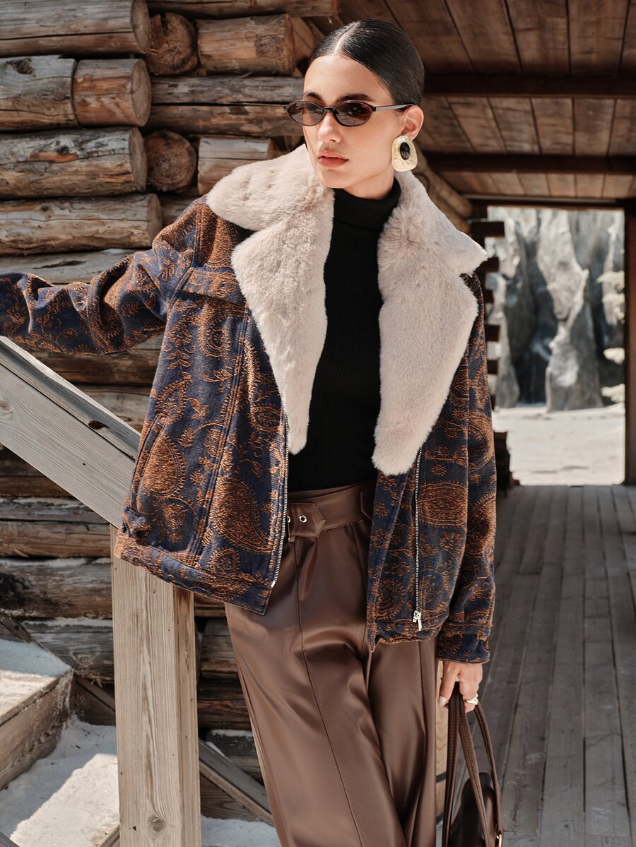 Anewsta Women's New Fashion High-End Sweet Cool Lapel Faux Fur Fleece Jeans Coffee Brown Jacket