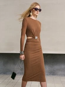 MOTF PREMIUM WOMEN'S AUTUMN/WINTER OCCASION WEAR RHINESTONE EMBELLISHED LIGHT PARTY MID-LENGTH DRESS - Brown - View 1