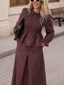 Brillora Brown Striped Top And Skirt 2 Pieces Set - Burgundy - View 2