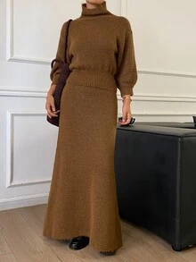 Livesso Women's 2 Pieces Set: Winter Brown Crew Neck Long Sleeve Knit Sweater & High Waist Slim Fit Ribbed Knit Pants - Brown - View 1