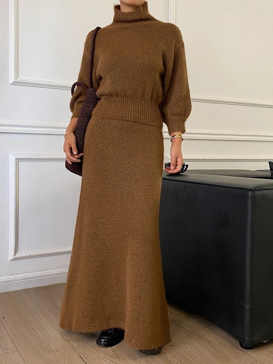 Livesso Women's 2 Pieces Set: Winter Brown Crew Neck Long Sleeve Knit Sweater & High Waist Slim Fit Ribbed Knit Pants - Brown - View 1