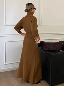 Livesso Women's 2 Pieces Set: Winter Brown Crew Neck Long Sleeve Knit Sweater & High Waist Slim Fit Ribbed Knit Pants - Brown - View 2