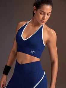 Powerista Women's Blue & White Low-Impact Halter Neck Sports Bra With Padding(Suitable For Jogging And Workout) - Blue and White - View 7