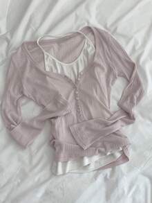 DAZY Women's Pink V-Neck Button Ribbed Knit Fitted Cropped Long Sleeve Cardigan With White Camisole Tank Top - Pink - View 1