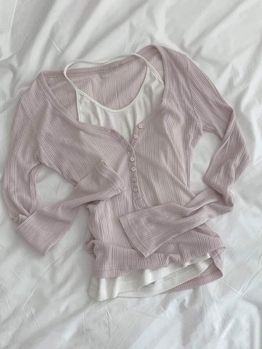 DAZY Women's Pink V-Neck Button Ribbed Knit Fitted Cropped Long Sleeve Cardigan With White Camisole Tank Top - Pink - View 1