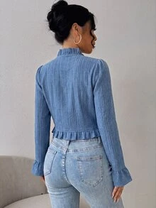 SHEIN Elenzya 女款雙排扣荷葉邊開襟休閒法式優雅夾克，矢車菊藍，秋季日用下午茶穿搭 - 藍色 - 查看 2