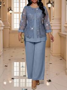 SHEIN Lady Women's Contrast Lace 2 In 1 Top And Pants Elegant Set - Blue - View 6