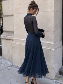 Cévolie Women's Mesh Patchwork Stand Collar Elegant Waist-Cinching Party Dress - Royal Blue - View 3