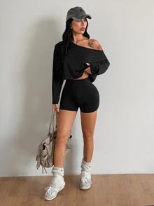 Coolane Women's Summer Going Out Run Yoga Streetwear Stretchy Comfortable Off Shouldera Sweater Black 2pcs - Black - View 4