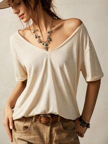Bohemela Casual Solid Color Knit V-Neck Short Sleeve Loose Fit Women's T-Shirt - Apricot - View 2