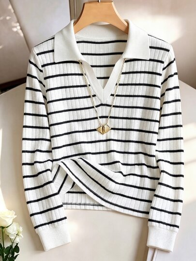 GlowEve CURVE Plus Size Women's Spring/Autumn New Black & White Striped Polo Shirt, Long Sleeve Collared T-Shirt, V-Neck Front Opening, Commuter Mature Style, French Casual Style, Suitable For Daily Wear, Workplace Looks, Vacation Outings, All-Season Straight Fit
