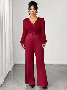 Elenzga Plus Size French Style V-Neck Lace Patchwork Hollow Lantern Sleeve Waist Belt Wide Leg Jumpsuit - Burgundy - View 3