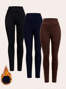 SHEIN BASICS Legging Ketat Wanita Warna Polos Kasual Serbaguna untuk Pemakaian Sehari-hari, 3 pcs/pack - MultiWarna - View 9