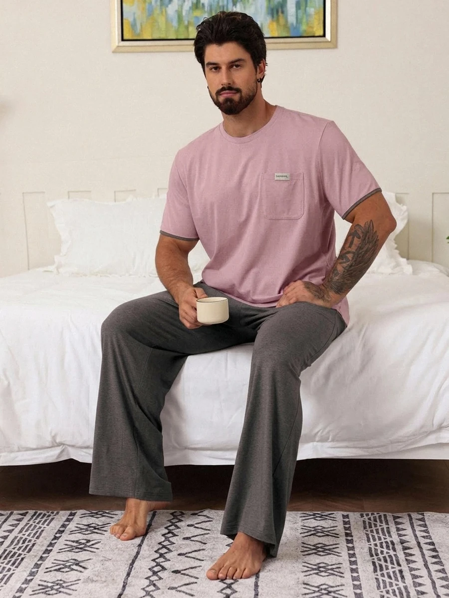 DAZY Summer Solid Color Label T-Shirt & Men's Loungewear Set - Dusty Purple - View 1