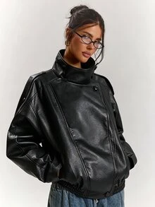 SHEIN BAE 女款純色PU皮革休閒百搭日常長袖夾克 - 黑色 - 查看 5