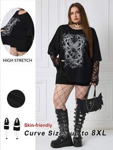 SHEIN CURVE+ 女款大尺碼秋季街頭休閒嬉皮學院龐克哥德風純棉印花寬鬆2合1蕾絲黑色長袖T恤，萬聖節裝扮適用5XL-8XL - 黑色 - 查看 2