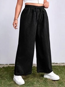 SHEIN EZwear 大尺碼女款純色抽繩腰休閒日常牛仔褲 - 黑色 - 查看 4