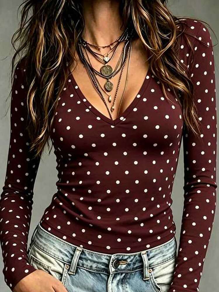 Glimmora Women's Polka Dot Slim Fit Versatile Everyday Long Sleeve T-Shirt - Burgundy - View 3