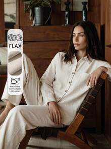 Livesso Women's Solid Color Single-Breasted Long Sleeve Top And Pants Casual Daily Loungewear Set - Beige - View 4