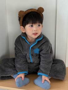 DAZY Infant/Toddler (Boy) Turn-Down Collar Fleece-Feel Autumn/Winter Color-Block 2 Pieces Loungewear Set - Dark Grey - View 7