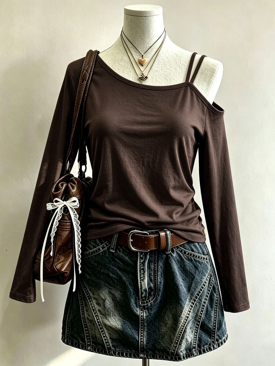 Trelyra أزياء كاجوال، مناسبة للارتداء اليومي والتجمعات، ملابس علوية بأكمام طويلة وحزام كتف غير متماثل بلون موحد - بني - مشاهدة 1